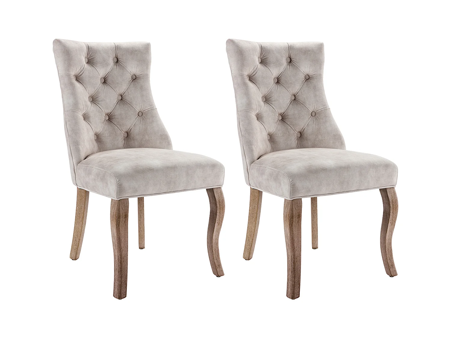 Lot de 2 chaises en velours beige clair avec pieds en bois courbés, boutons décoratifs