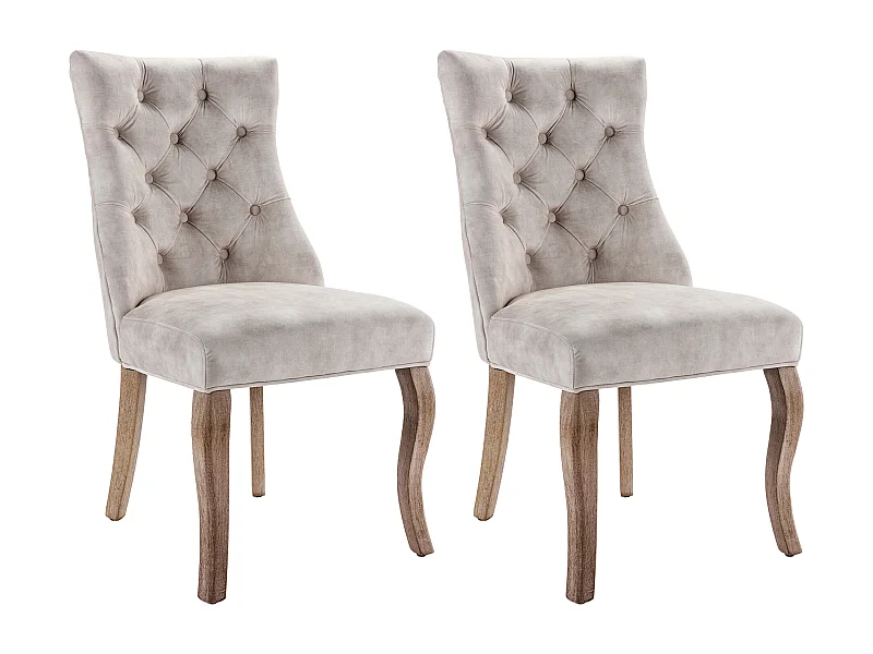 Lot de 2 chaises en velours beige clair avec pieds en bois courbés, boutons décoratifs
