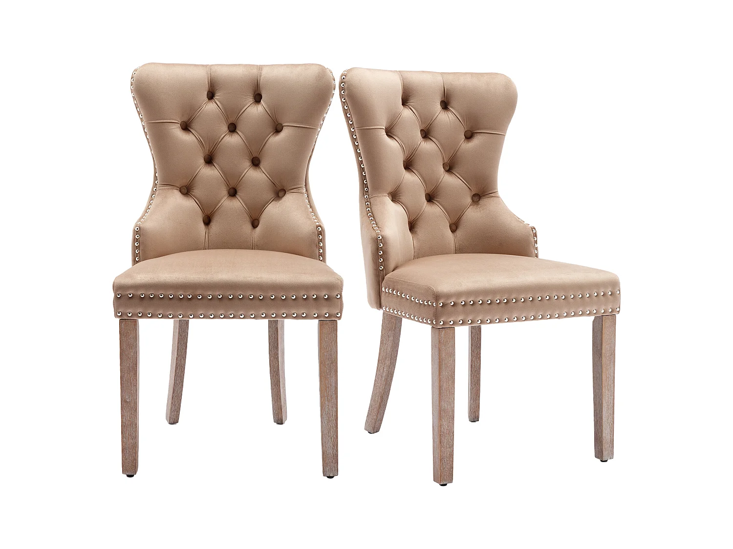 Lot de 2 Chaises de cuisine en velours Kaki avec détails cloutés argentés, pieds en bois marron