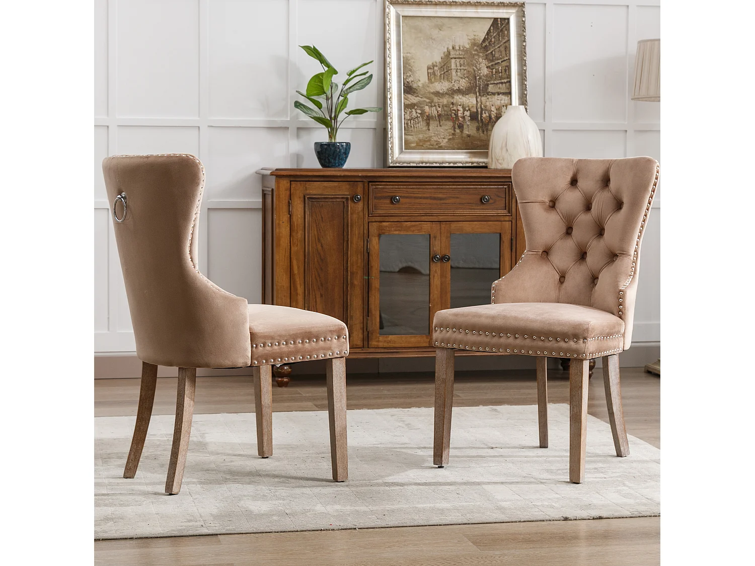 Lot de 2 Chaises de cuisine en velours Kaki avec détails cloutés argentés, pieds en bois marron