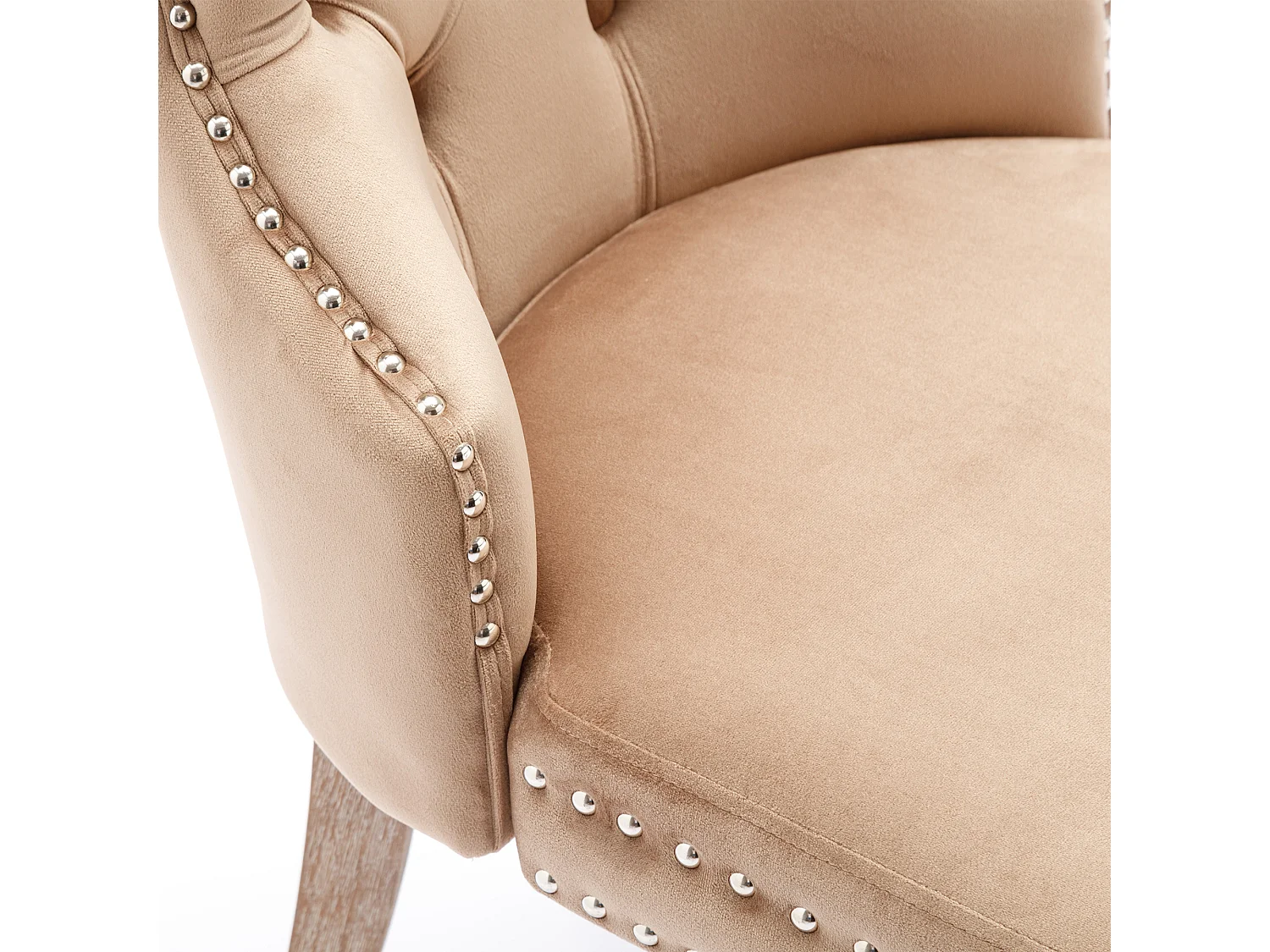 Lot de 2 Chaises de cuisine en velours Kaki avec détails cloutés argentés, pieds en bois marron