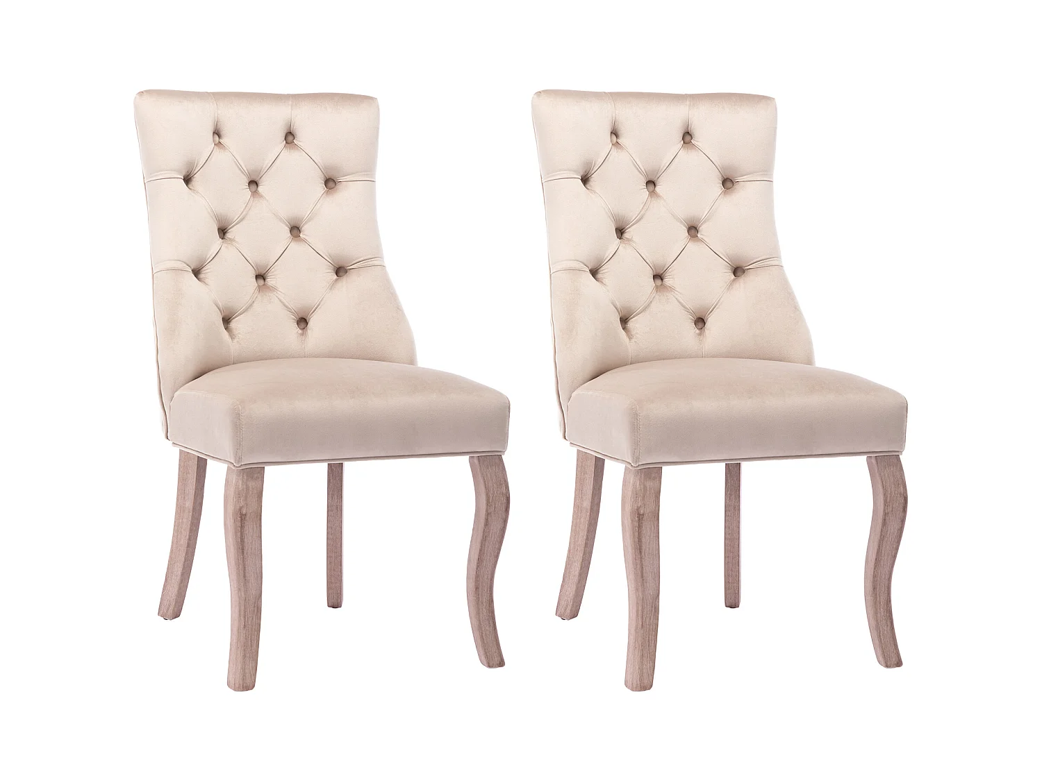 Conjunto de 2 sillas de terciopelo beige con patas de madera curvadas y botones decorativos.