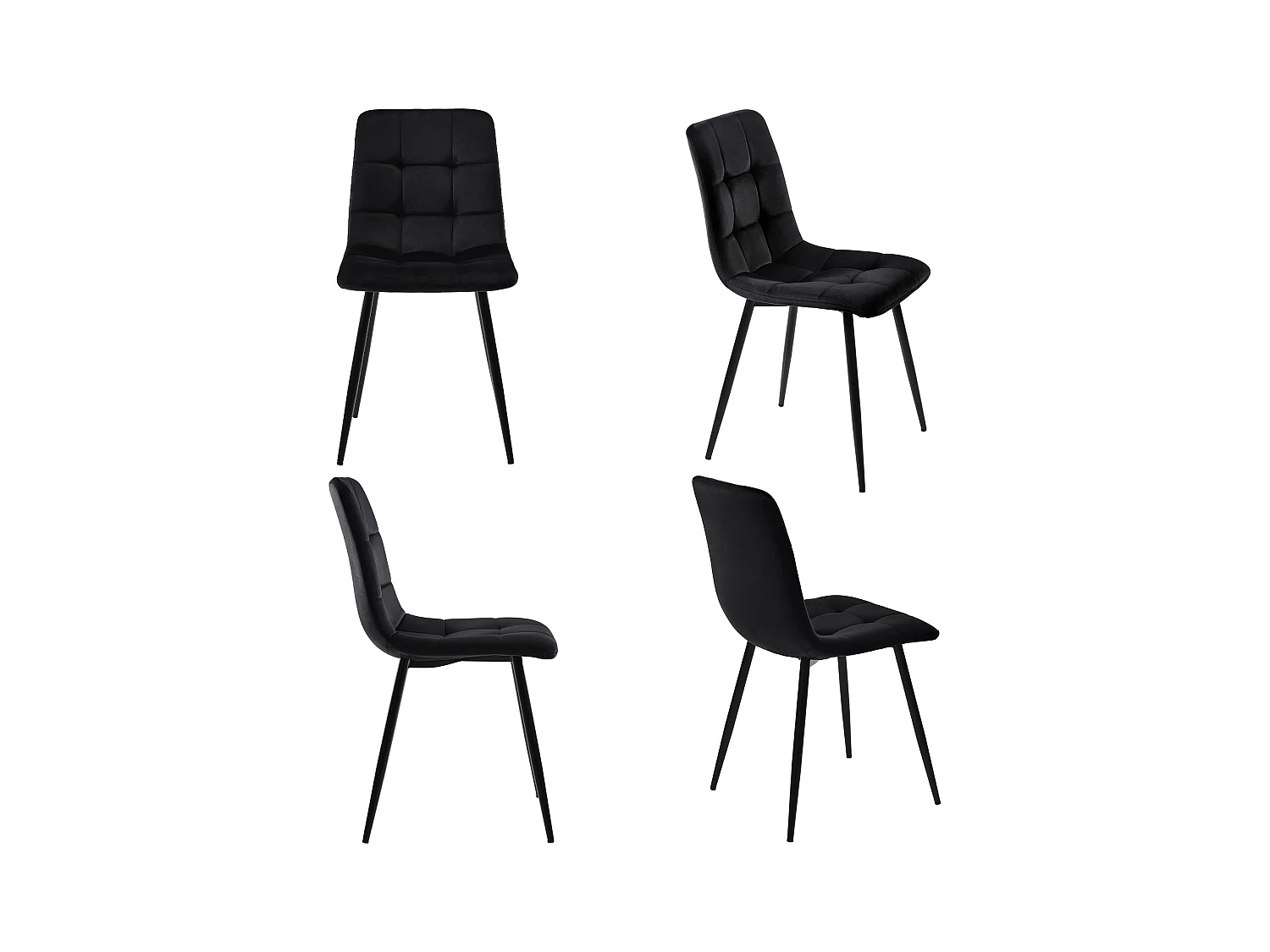 Lot de 4 chaises en velours noir avec pieds en métal noir
