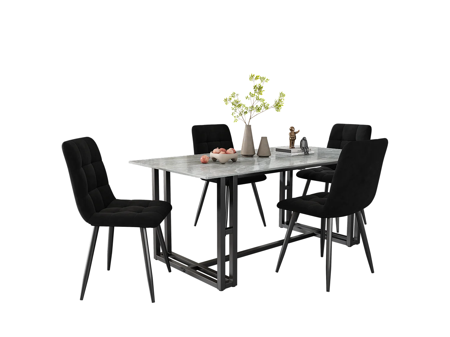 Set van 4 zwarte fluwelen stoelen met zwarte metalen poten