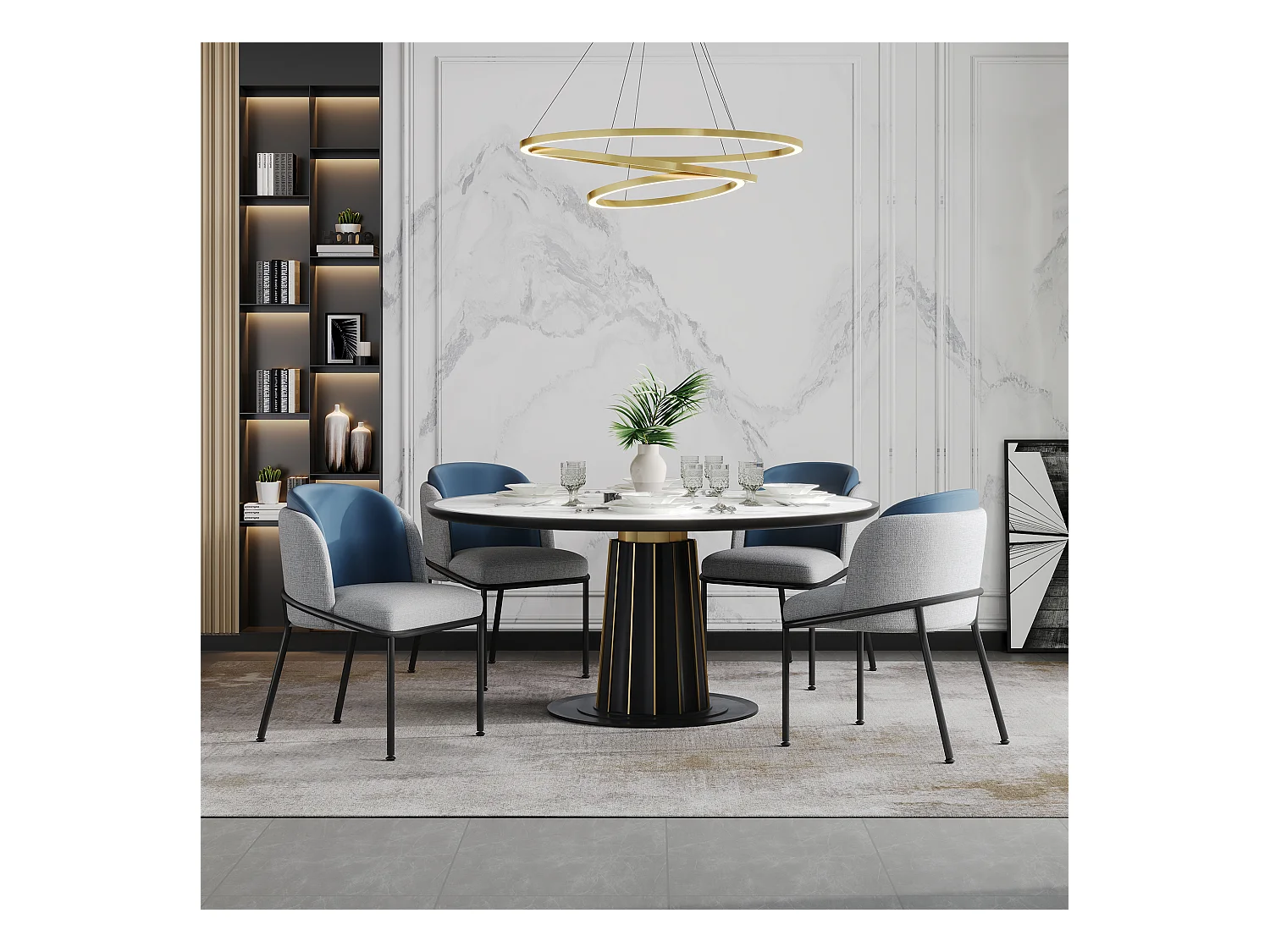 Set van 4 grijze linnen stoelen met blauwe kunstleren rugleuning en zwart ijzeren frame