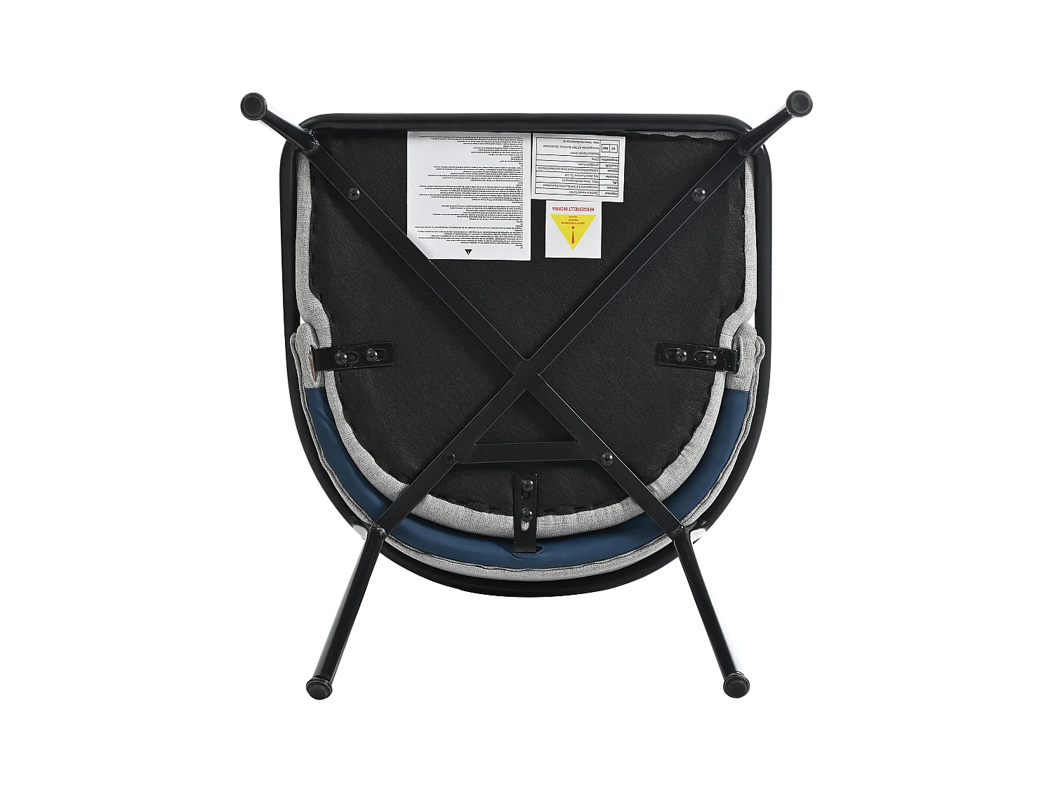 Set van 4 grijze linnen stoelen met blauwe kunstleren rugleuning en zwart ijzeren frame