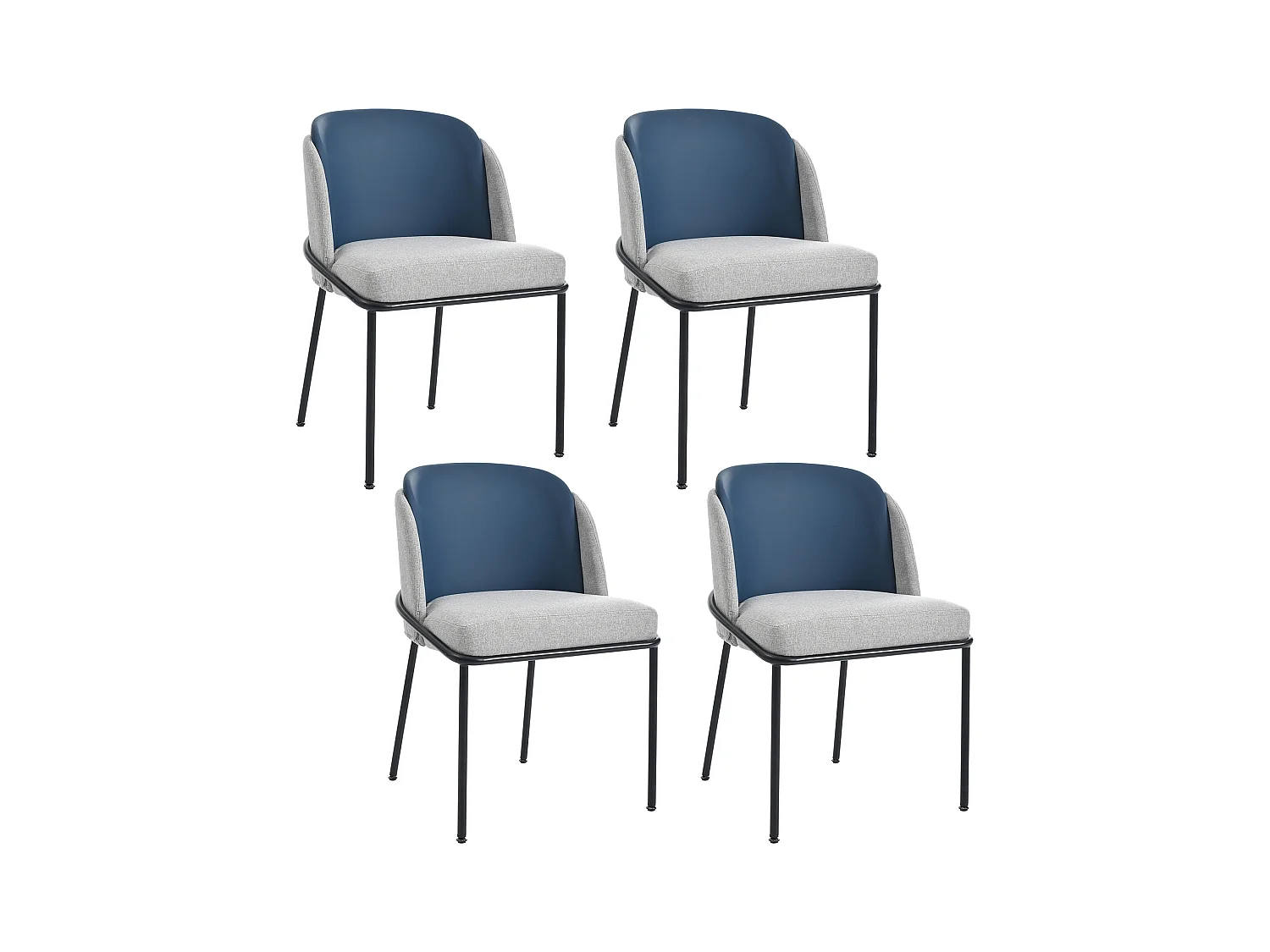Lot de 4 chaises en lin gris avec dossier en simili-cuir bleu, cadre en fer noir