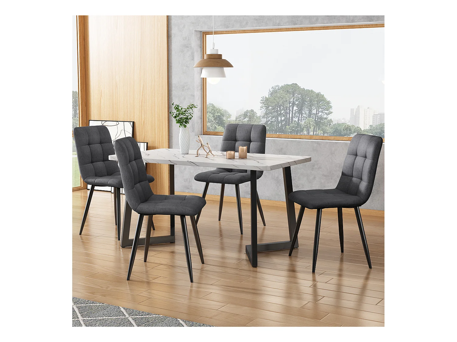 Set van 4 grijze linnen stoelen met zwarte metalen poten