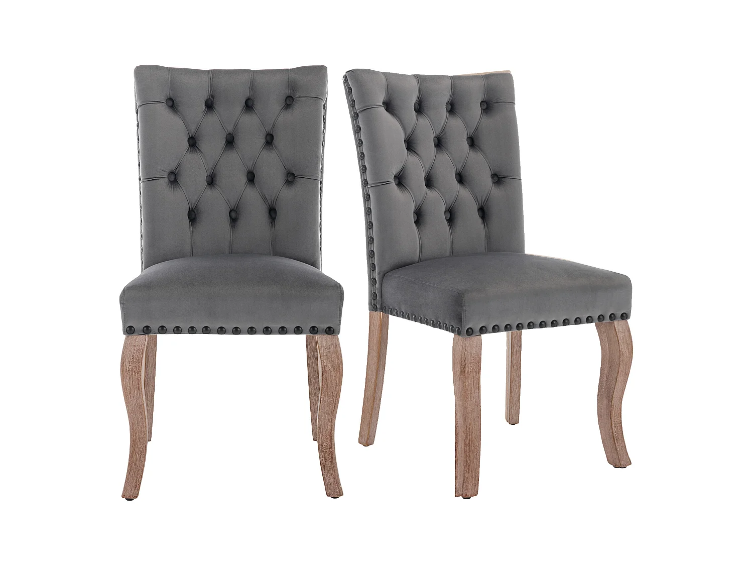 Lot de 2 chaises en velours gris avec pieds en bois courbés, rivets noirs