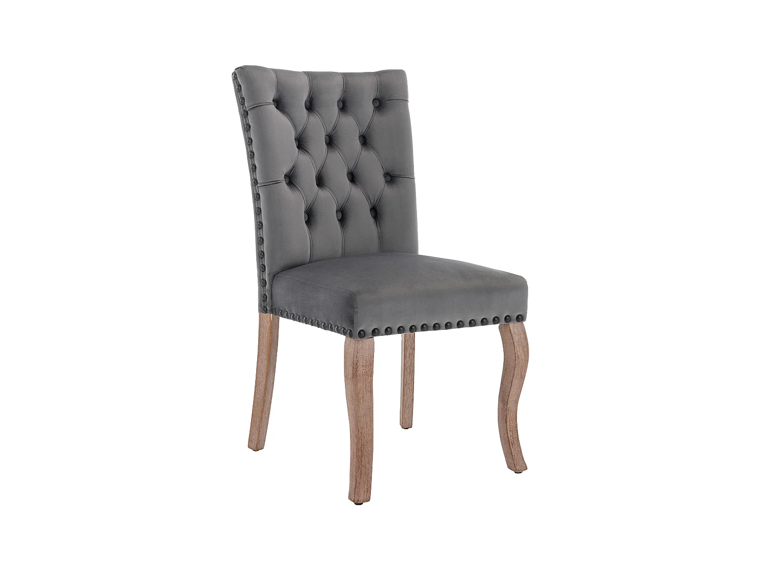 Lot de 2 chaises en velours gris avec pieds en bois courbés, rivets noirs