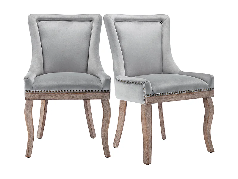 Lot de 2 chaises en velours gris avec pieds en bois courbés, rivets dorés