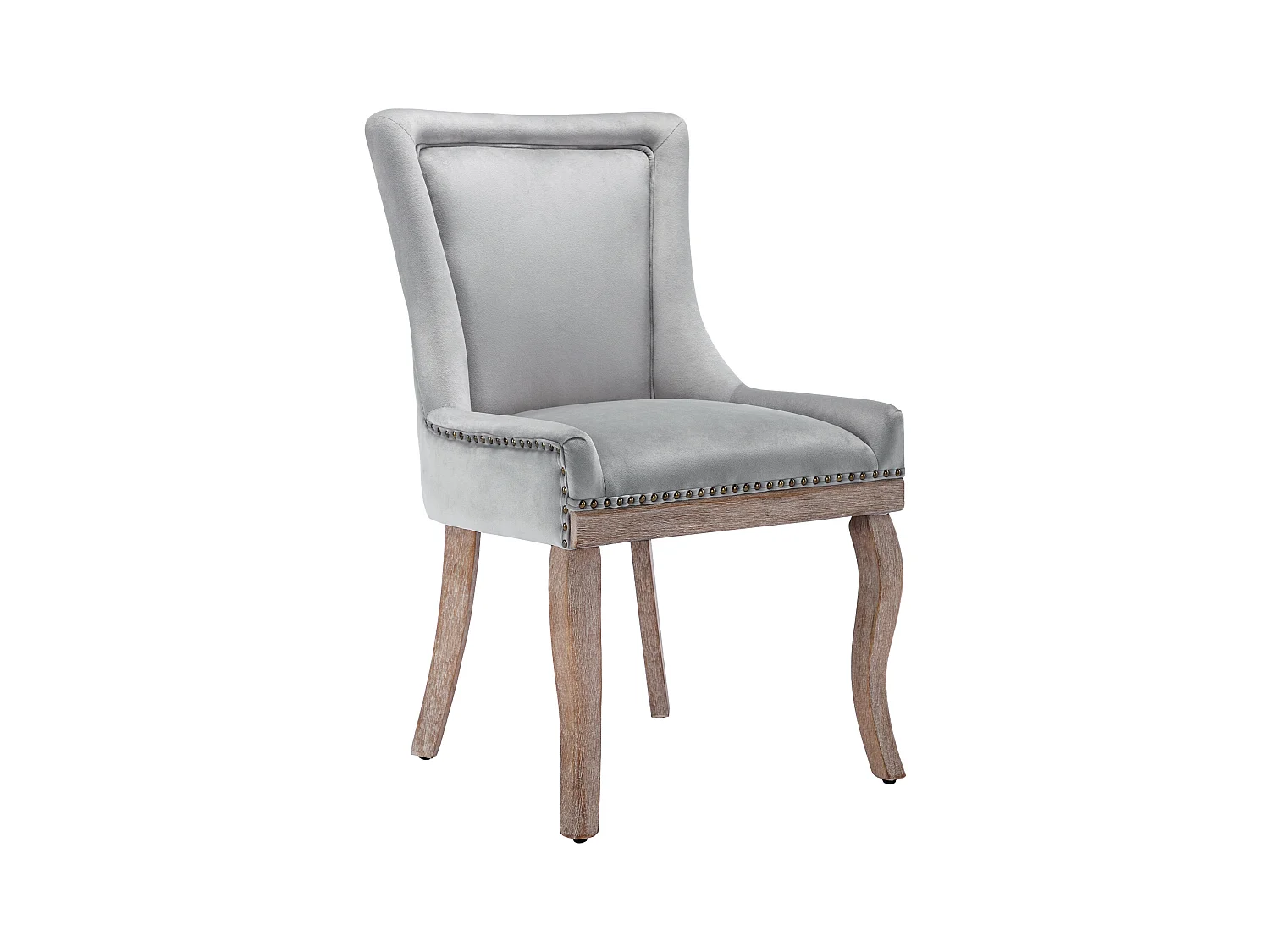 Lot de 2 chaises en velours gris avec pieds en bois courbés, rivets dorés