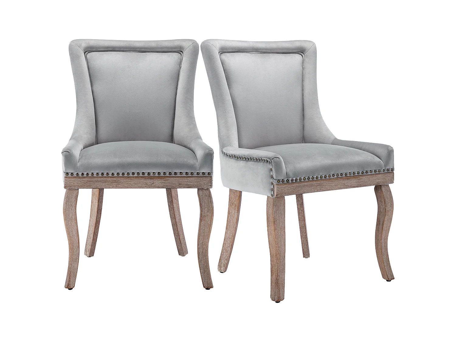 Lot de 2 chaises en velours gris avec pieds en bois courbés, rivets dorés