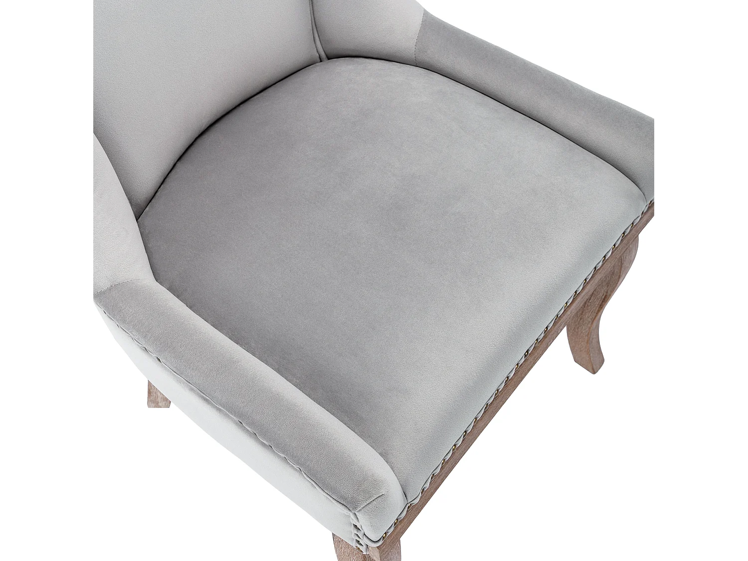 Lot de 2 chaises en velours gris avec pieds en bois courbés, rivets dorés