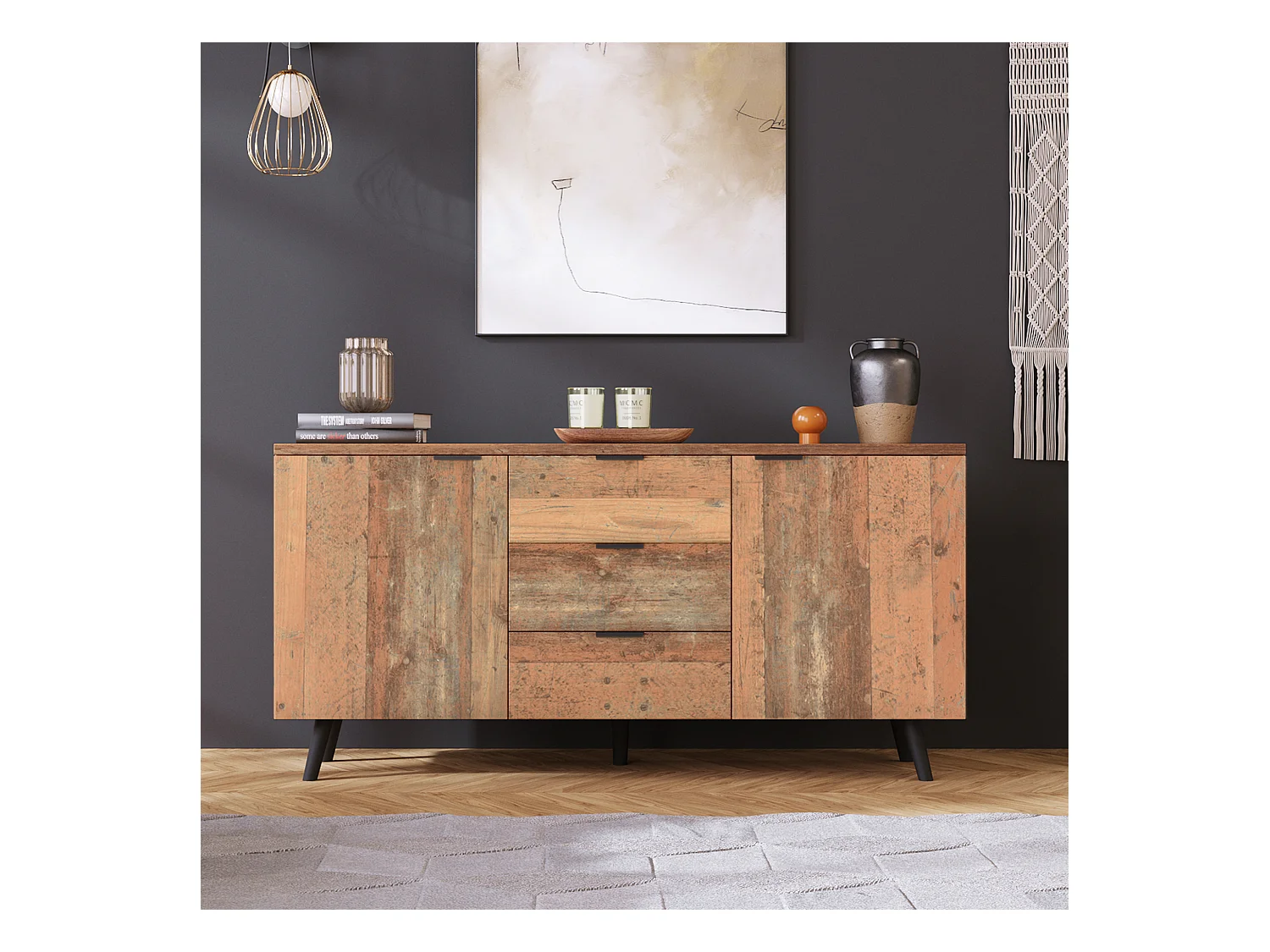 Buffet de cuisine 140x35x70cm avec 3 tiroirs et 2 portes, corps en placage bois naturel clair
