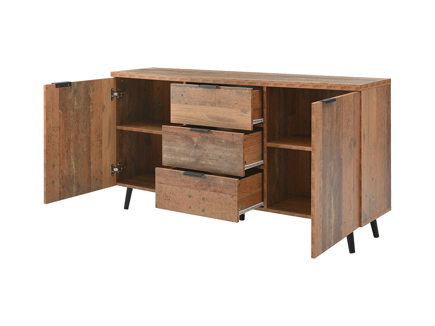 Buffet de cuisine 140x35x70cm avec 3 tiroirs et 2 portes, corps en placage bois naturel clair
