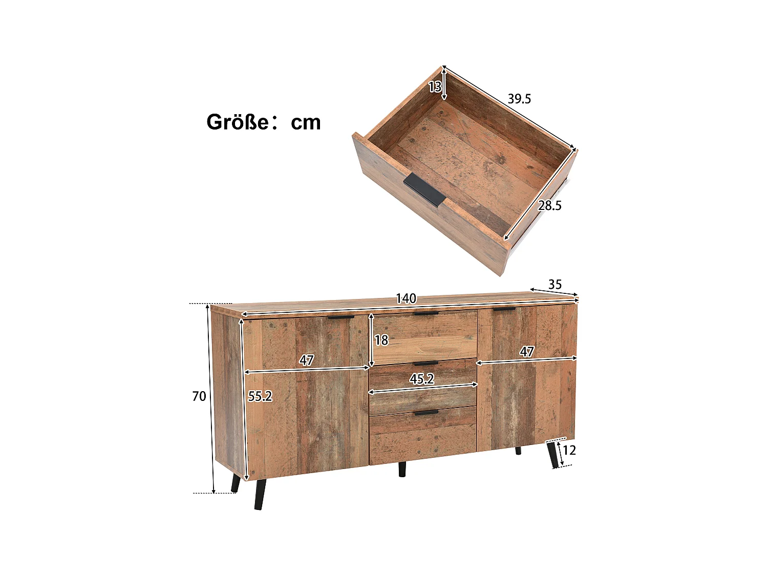 Buffet de cuisine 140x35x70cm avec 3 tiroirs et 2 portes, corps en placage bois naturel clair
