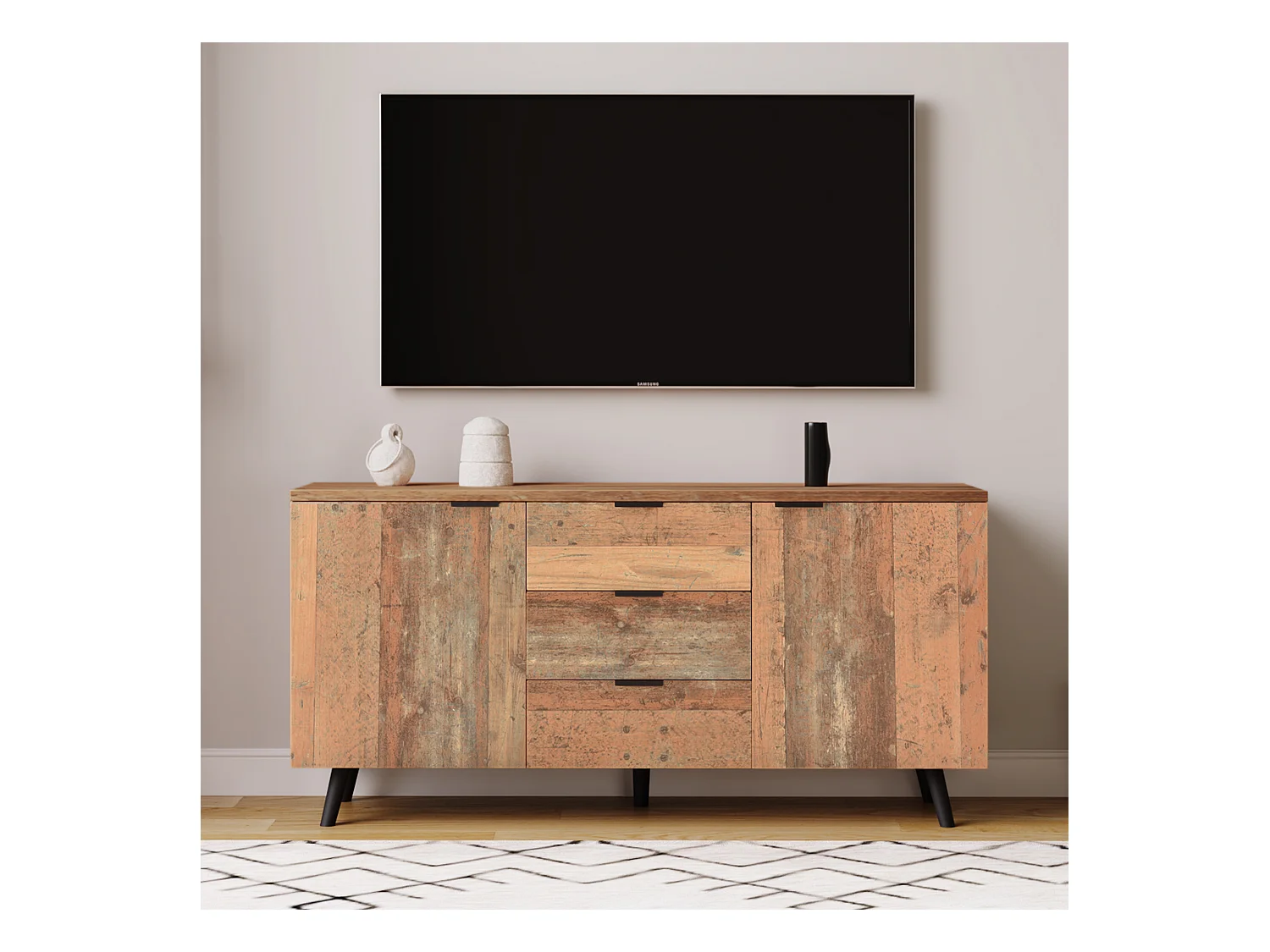 Buffet de cuisine 140x35x70cm avec 3 tiroirs et 2 portes, corps en placage bois naturel clair