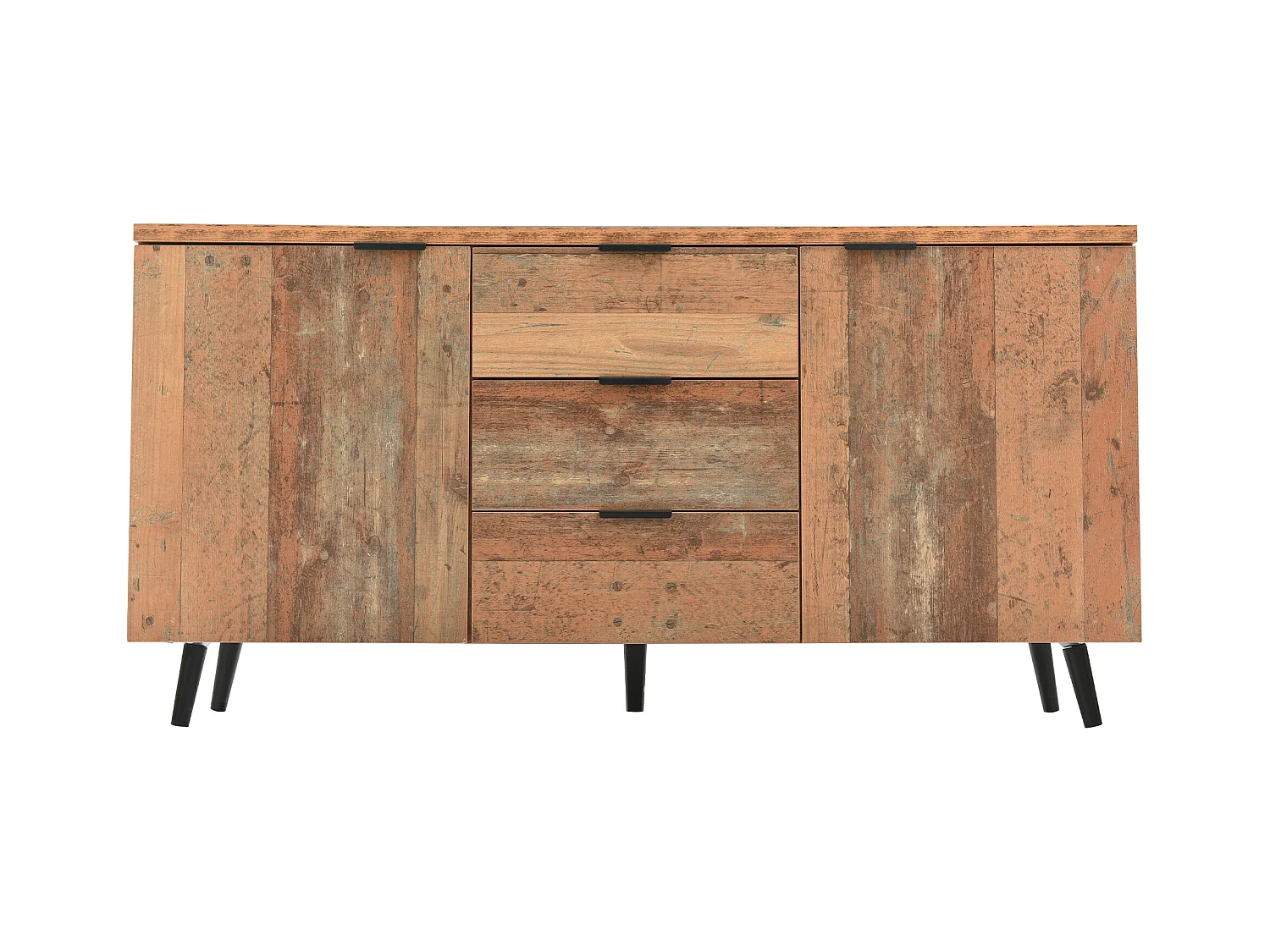 Buffet de cuisine 140x35x70cm avec 3 tiroirs et 2 portes, corps en placage bois naturel clair