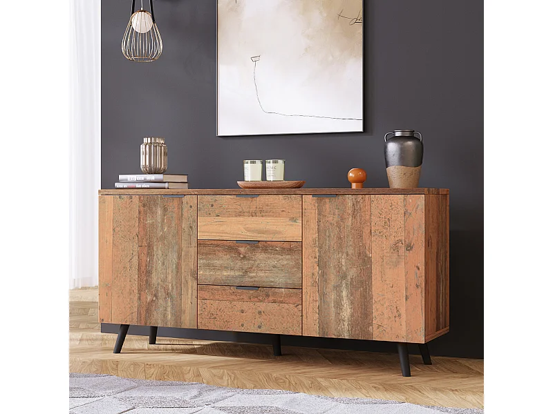 Keuken dressoir 140x35x70cm met 3 lades en 2 deuren, body in licht natuurlijk houtfineer