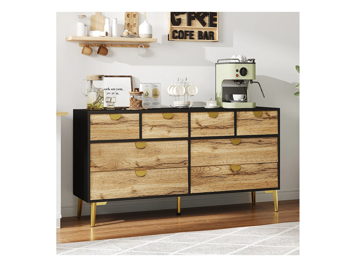 Buffet de cuisine 150x40x78cm avec 8 tiroirs, corps en noir et naturel clair avec pieds doré