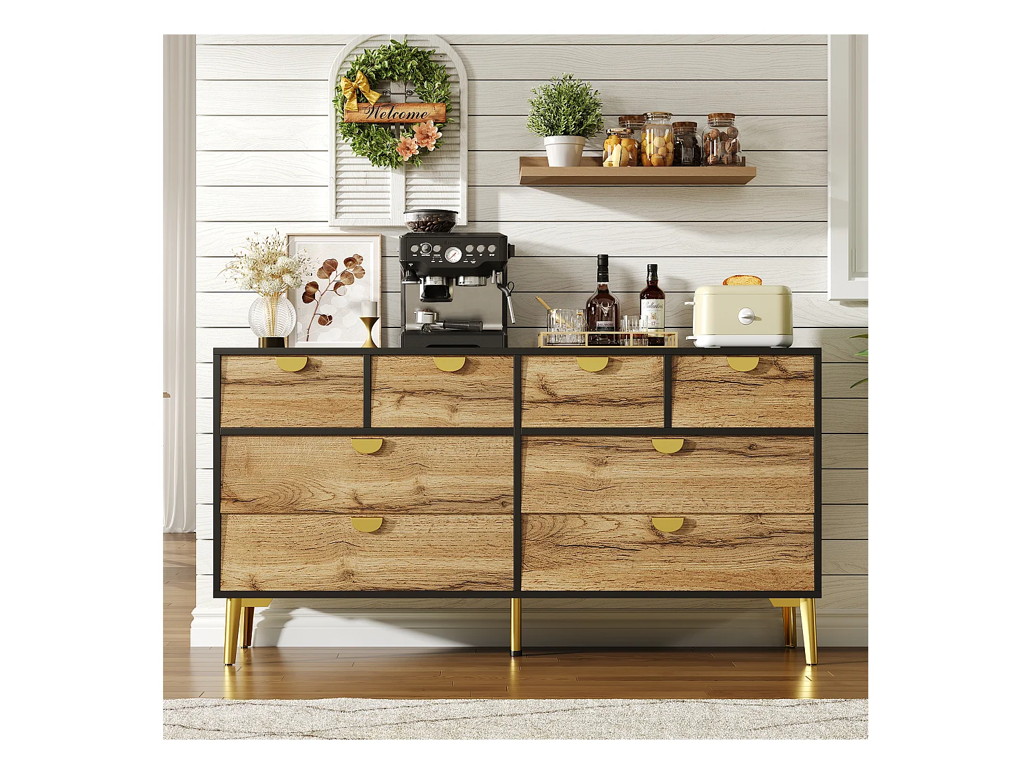 Buffet de cuisine 150x40x78cm avec 8 tiroirs, corps en noir et naturel clair avec pieds doré