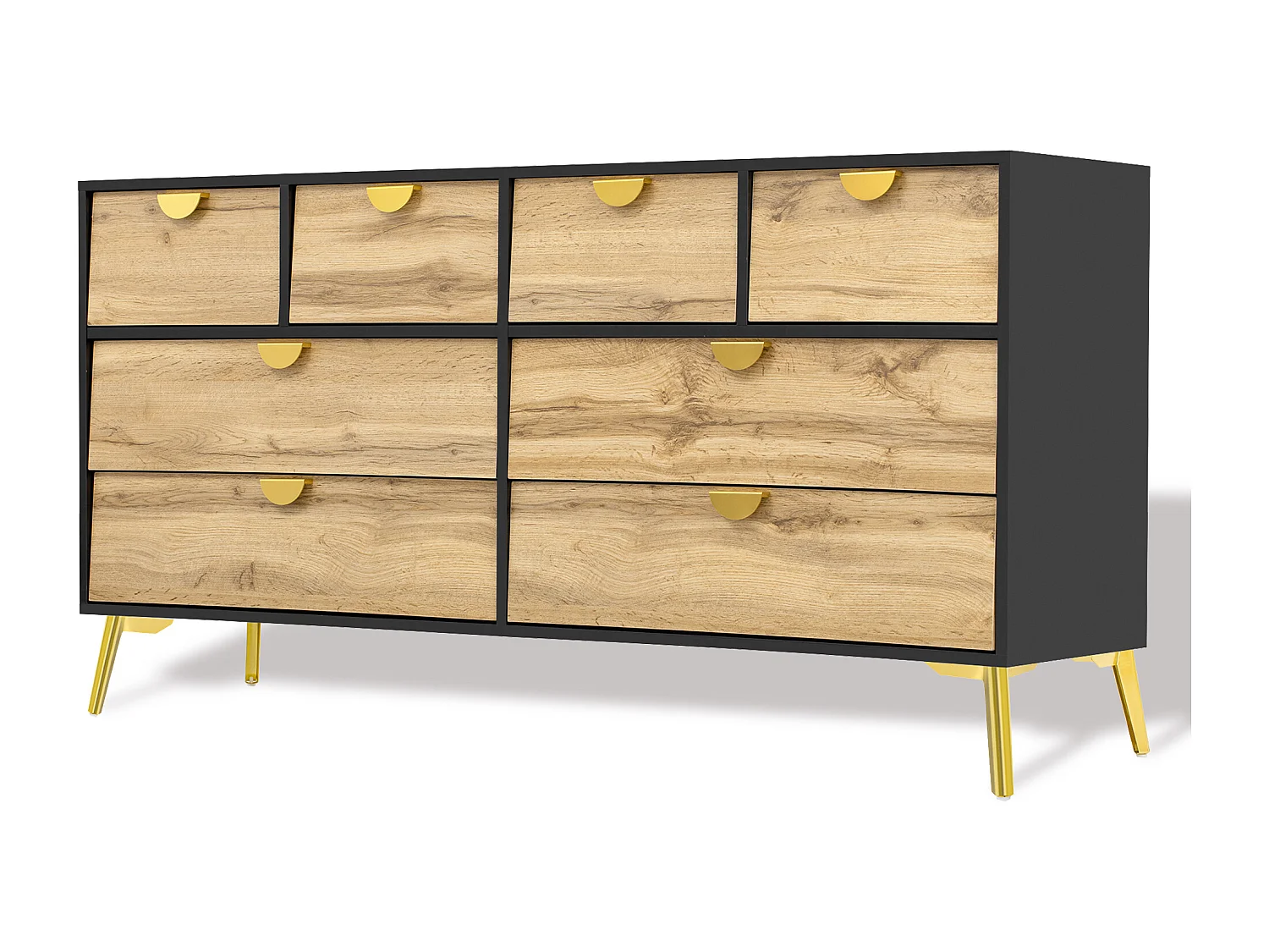 Keuken dressoir 150x40x78cm met 8 lades, body in zwart en licht naturel met gouden poten