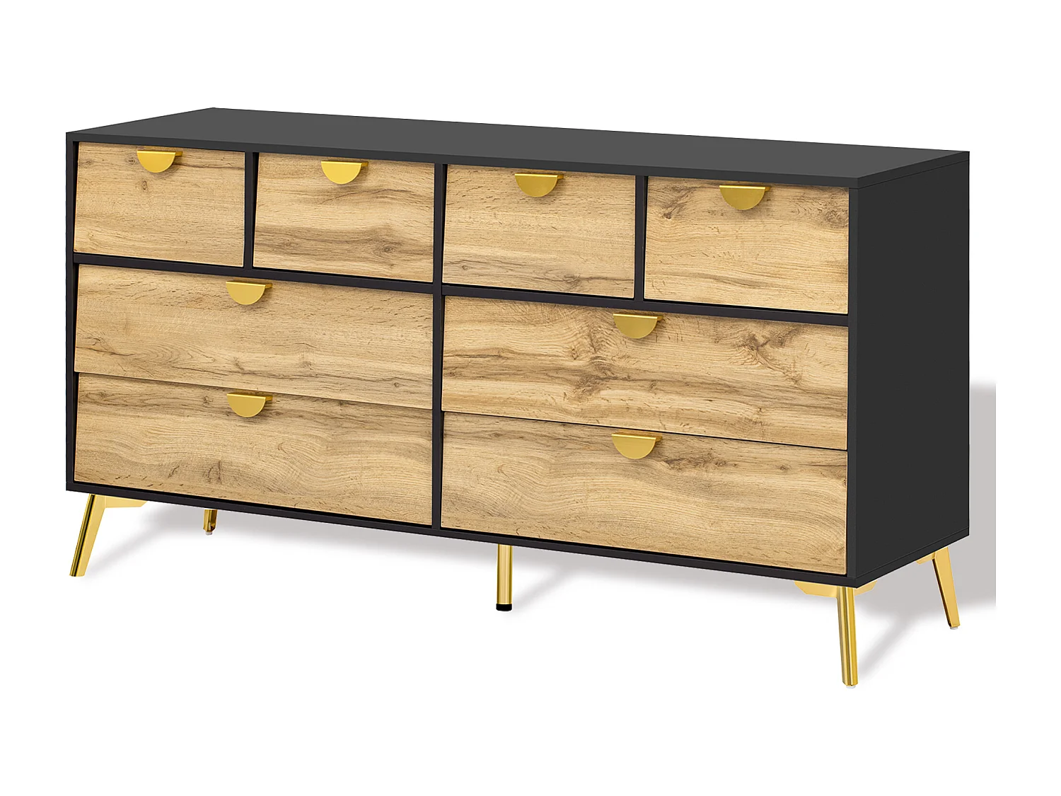 Keuken dressoir 150x40x78cm met 8 lades, body in zwart en licht naturel met gouden poten