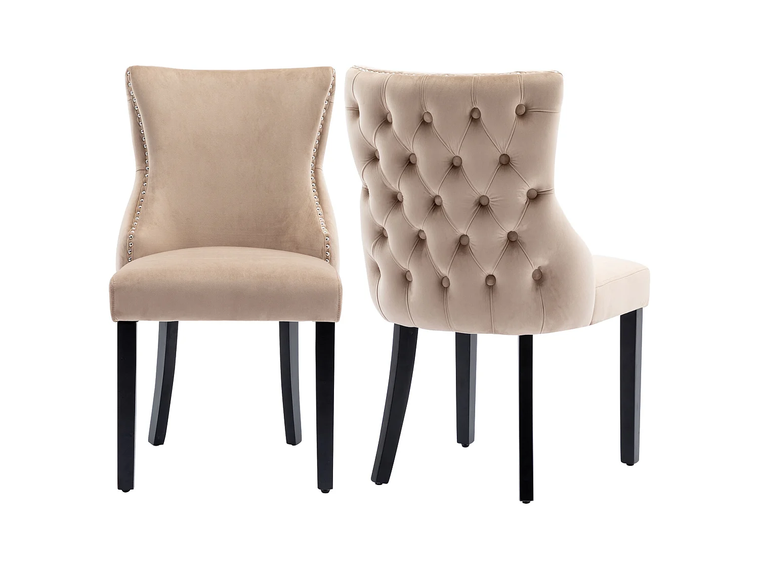 Lot de 2 chaises en velours beige avec pieds en bois noir, boutons décoratifs et rivets argentés