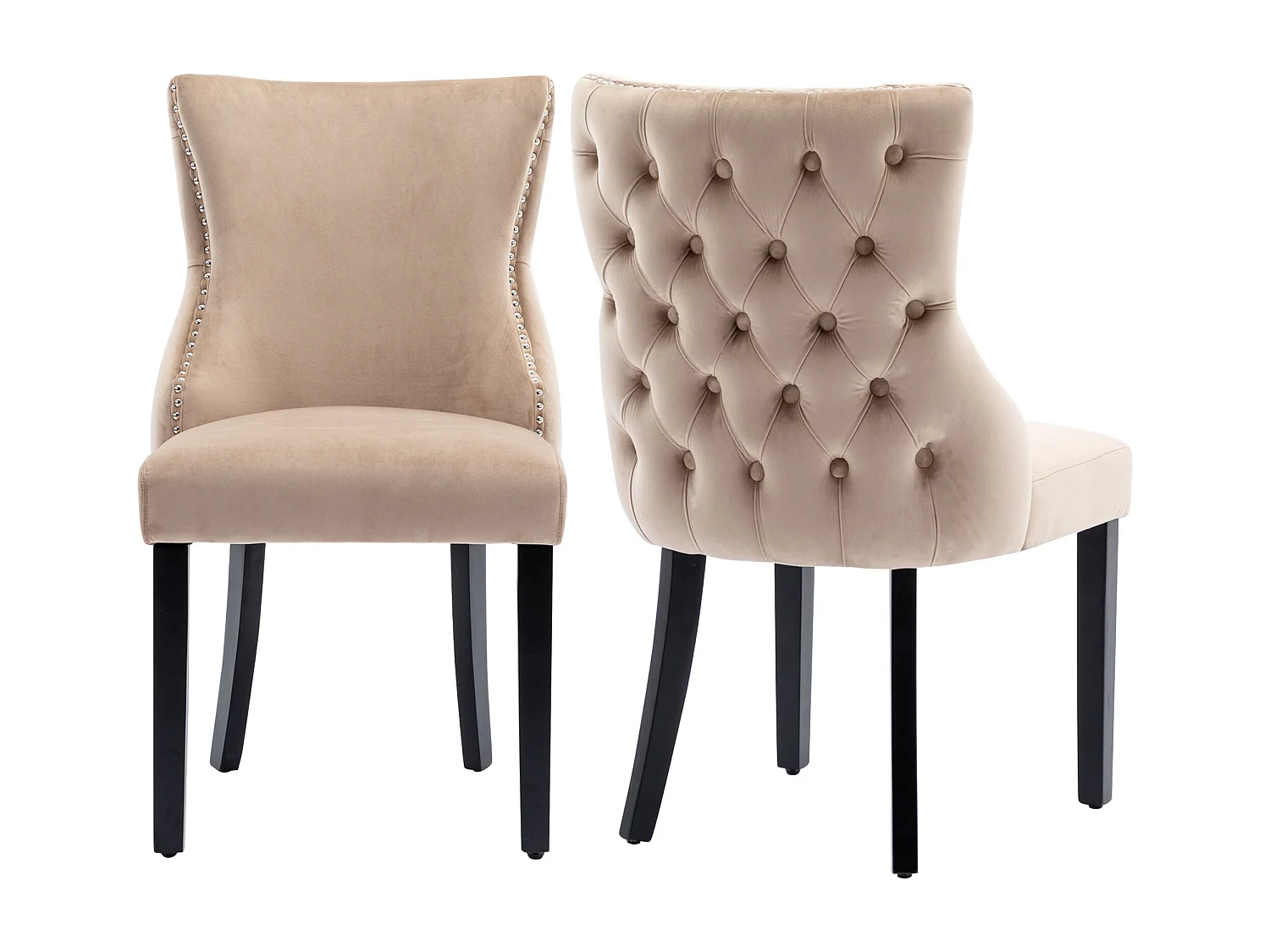 Lot de 2 chaises en velours beige avec pieds en bois noir, boutons décoratifs et rivets argentés