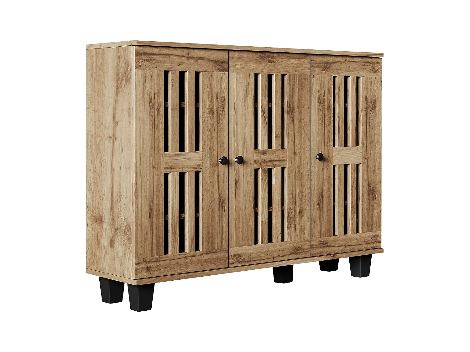 Aparador de cocina 120x32x92cm con 3 puertas caladas, cuerpo en chapa de madera natural clara