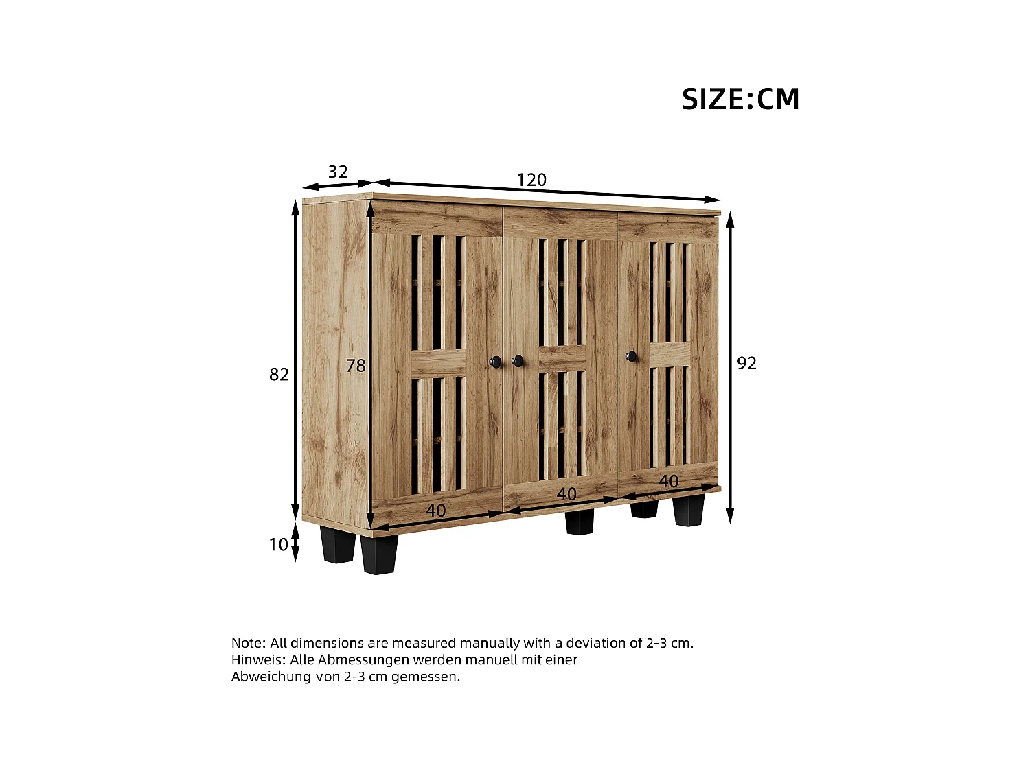 Aparador de cocina 120x32x92cm con 3 puertas caladas, cuerpo en chapa de madera natural clara