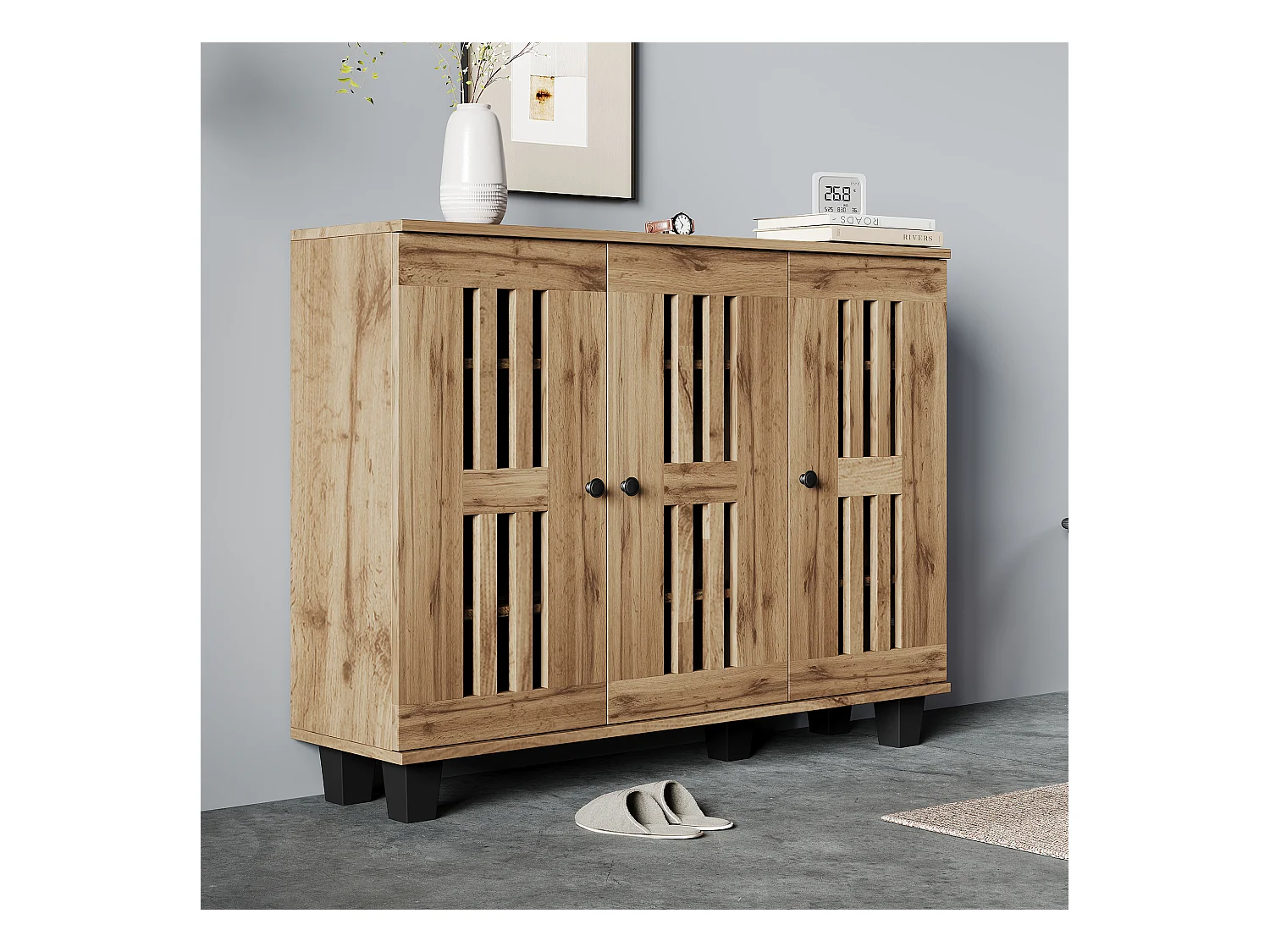 Aparador de cocina 120x32x92cm con 3 puertas caladas, cuerpo en chapa de madera natural clara