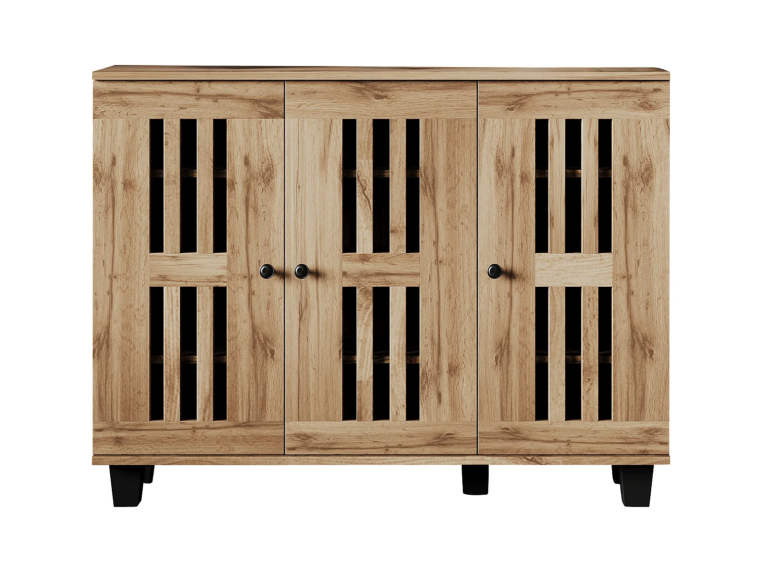 Aparador de cocina 120x32x92cm con 3 puertas caladas, cuerpo en chapa de madera natural clara