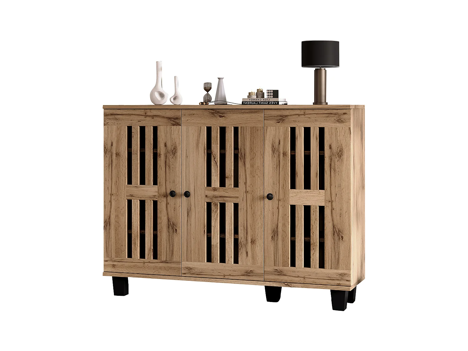 Aparador de cocina 120x32x92cm con 3 puertas caladas, cuerpo en chapa de madera natural clara