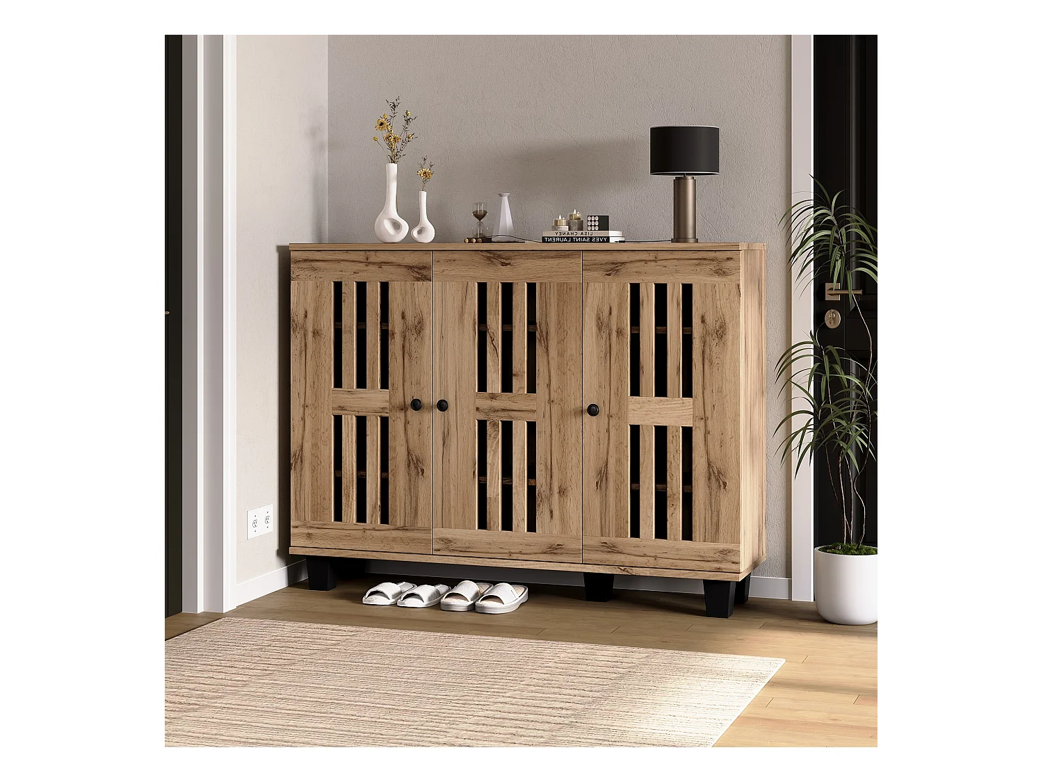 Buffet de cuisine 120x32x92cm avec 3 portes ajourées, corps en placage bois naturel clair