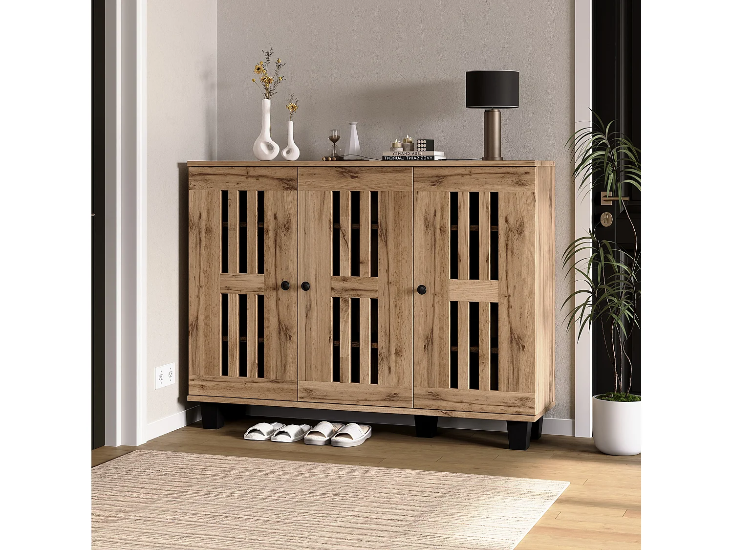 Buffet de cuisine 120x32x92cm avec 3 portes ajourées, corps en placage bois naturel clair