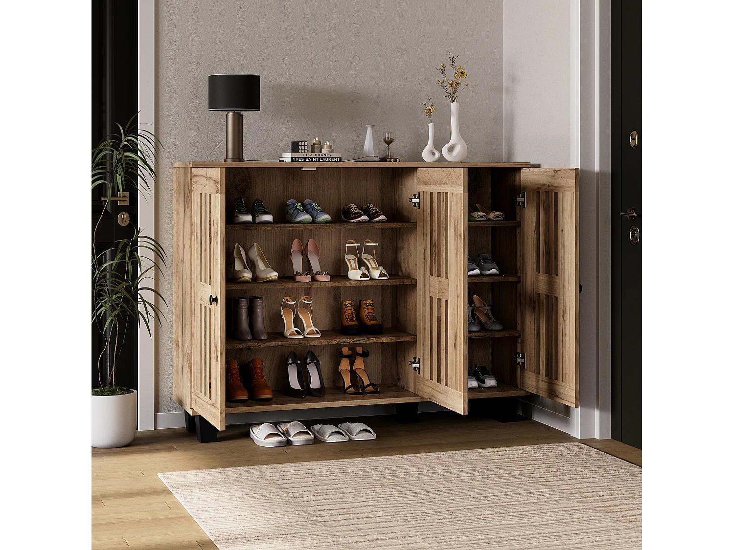 Buffet de cuisine 120x32x92cm avec 3 portes ajourées, corps en placage bois naturel clair