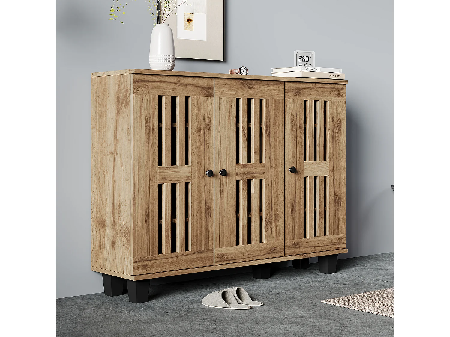 Buffet de cuisine 120x32x92cm avec 3 portes ajourées, corps en placage bois naturel clair