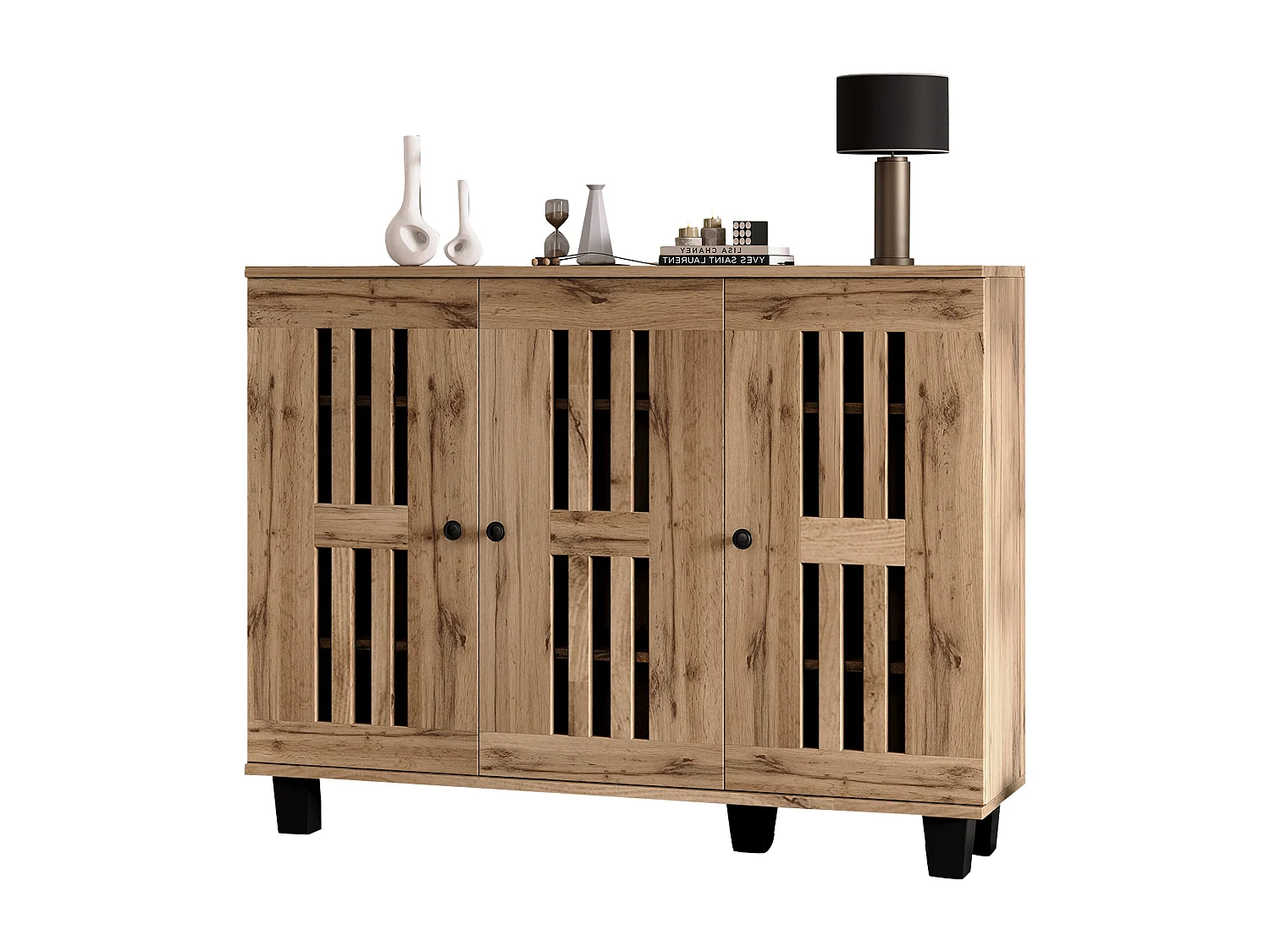 Buffet de cuisine 120x32x92cm avec 3 portes ajourées, corps en placage bois naturel clair
