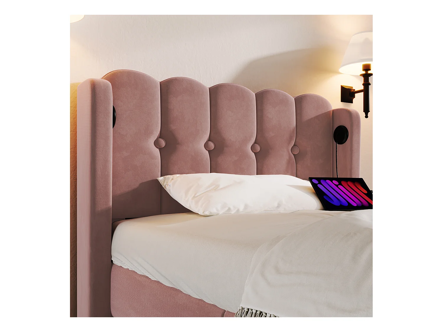 Lit enfant 90x200cm avec tête de lit ajouré, tissu en velours rose, avec USB, sommier à lattes, avec matelas