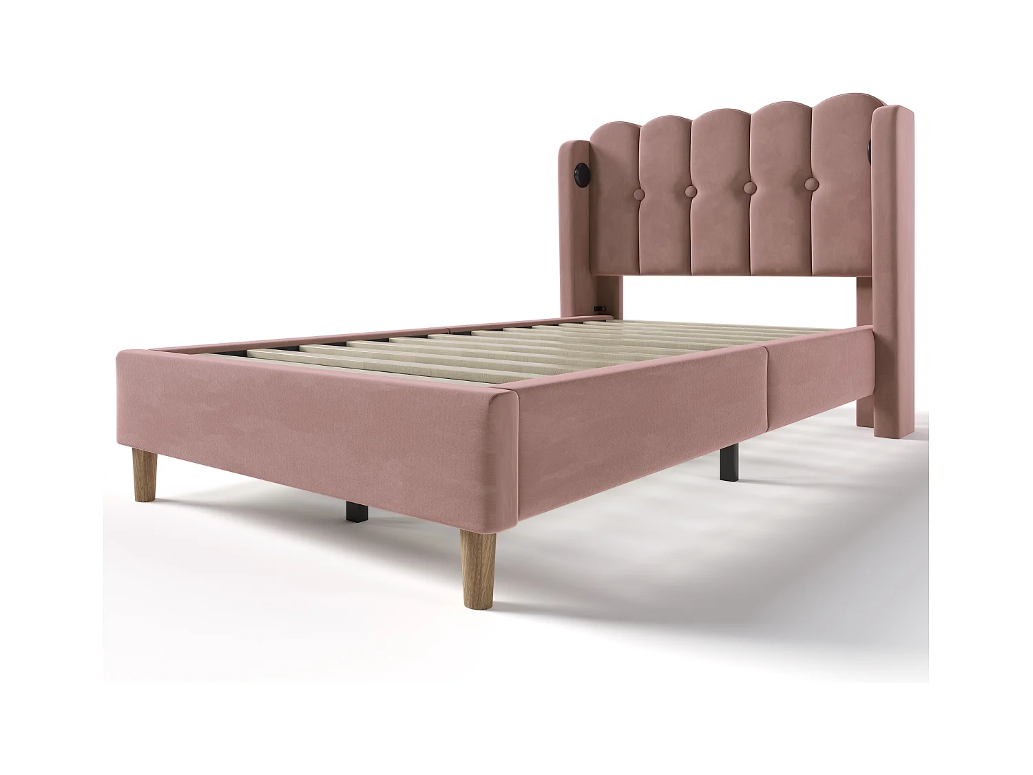 Lit enfant 90x200cm avec tête de lit ajouré, tissu en velours rose, avec USB, sommier à lattes, avec matelas