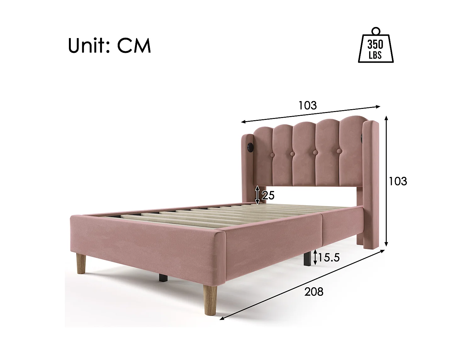 Letto per bambini 90x200cm con testiera traforata, tessuto in velluto rosa, con USB, rete a doghe, con materasso