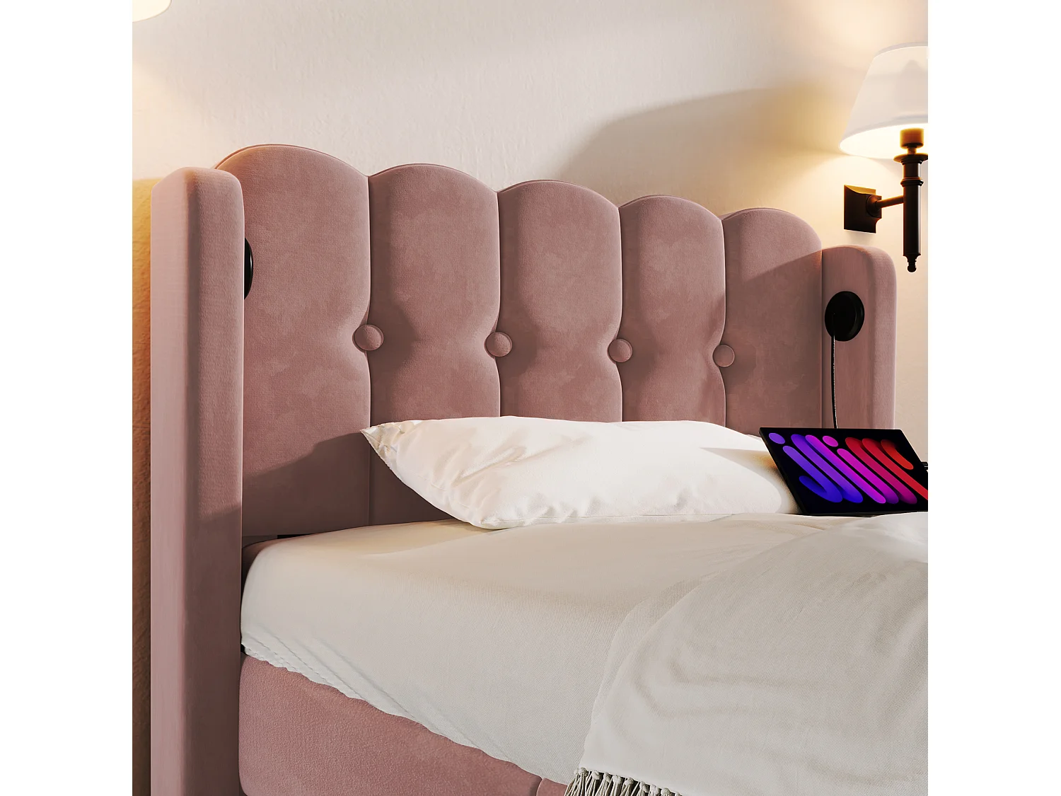 Letto per bambini 90x200cm con testiera traforata, tessuto in velluto rosa, con USB, rete a doghe, con materasso