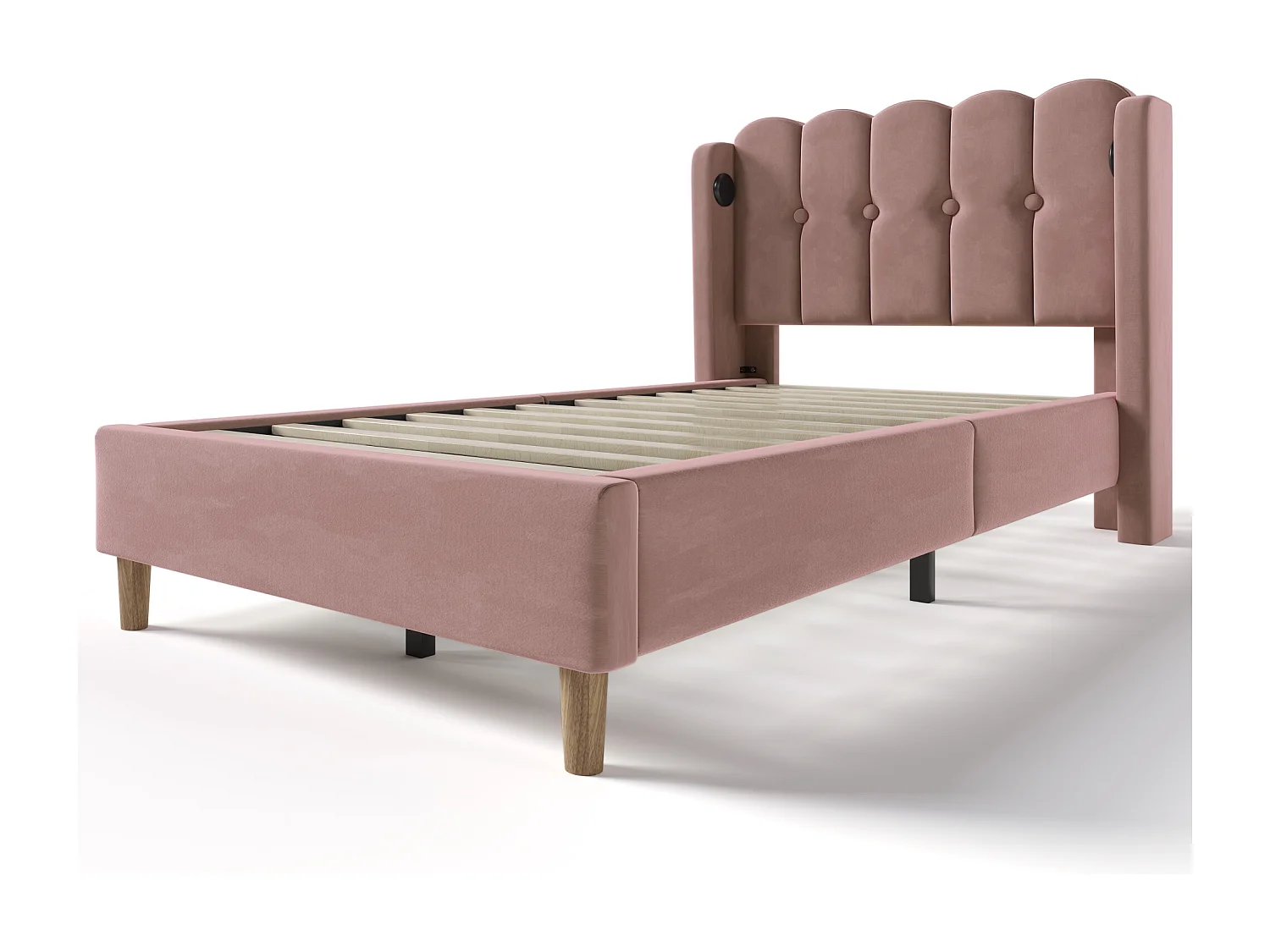 Letto per bambini 90x200cm con testiera traforata, tessuto in velluto rosa, con USB, rete a doghe, con materasso