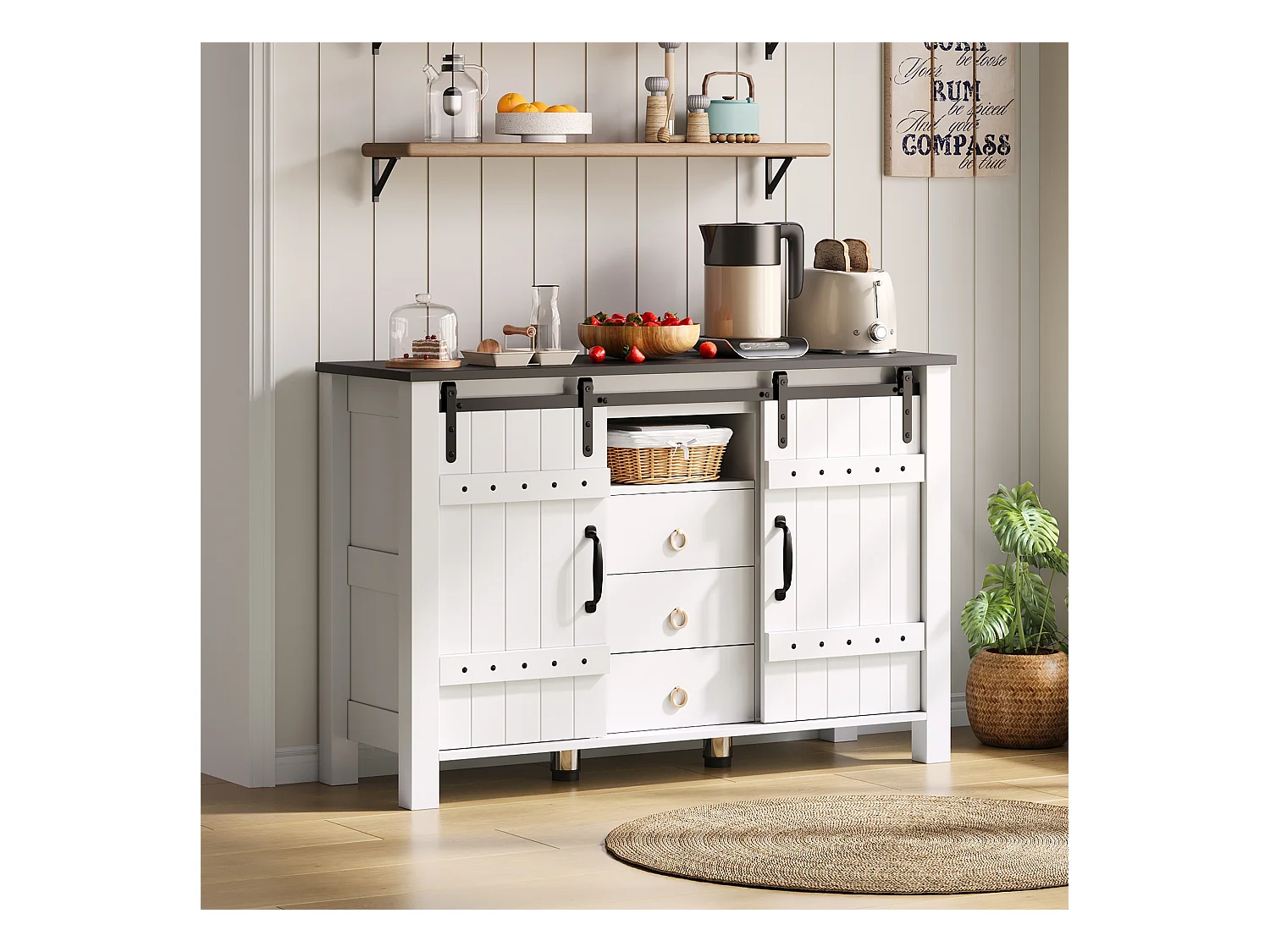 Buffet de cuisine 120x40x80cm avec 3 tiroirs, 2 portes coulissantes et 1 niche, cadre en MDF, blanc et noir