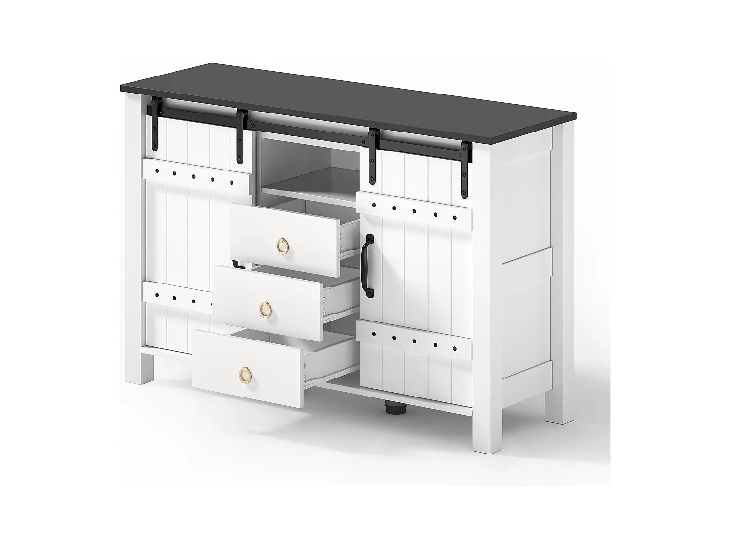 Buffet de cuisine 120x40x80cm avec 3 tiroirs, 2 portes coulissantes et 1 niche, cadre en MDF, blanc et noir