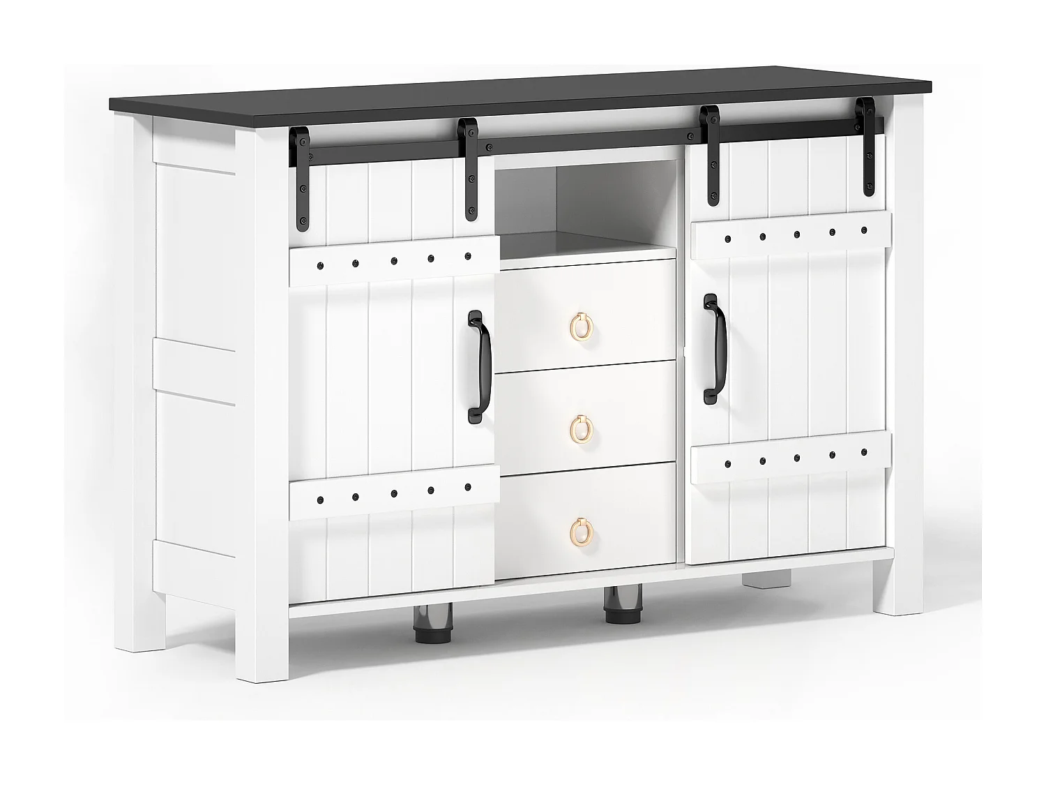 Aparador de cozinha 120x40x80cm com 3 gavetas, 2 portas de correr e 1 nicho, estrutura em MDF, branco e preto