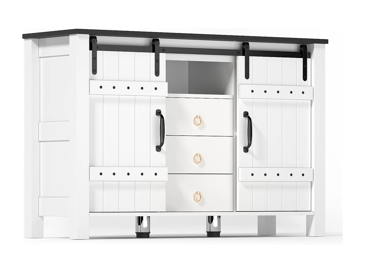 Aparador de cozinha 120x40x80cm com 3 gavetas, 2 portas de correr e 1 nicho, estrutura em MDF, branco e preto