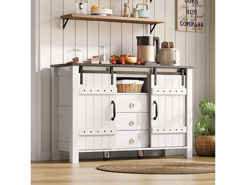 Buffet de cuisine 120x40x80cm avec 3 tiroirs, 2 portes coulissantes et 1 niche, cadre en MDF, blanc et noir